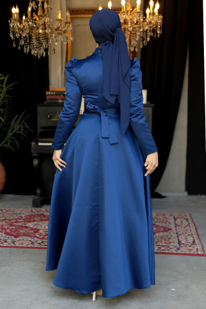 Tesettürlü Abiye Elbise - Boncuk İşlemeli Lacivert Tesettür Abiye Elbise 52081L - 4