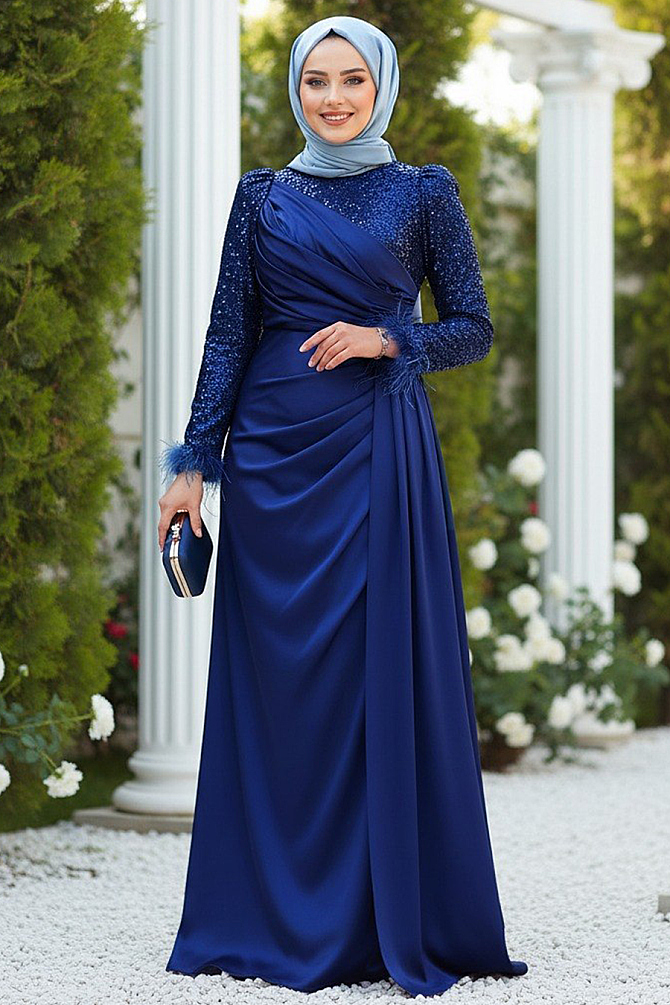 Tesettürlü Abiye Elbise - Boncuk İşlemeli Lacivert Tesettür Abiye Elbise 52151L - 1