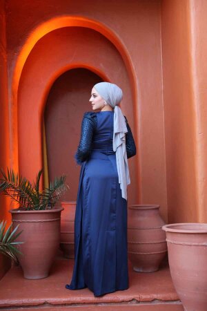 Tesettürlü Abiye Elbise - Boncuk İşlemeli Lacivert Tesettür Abiye Elbise 52151L - 6