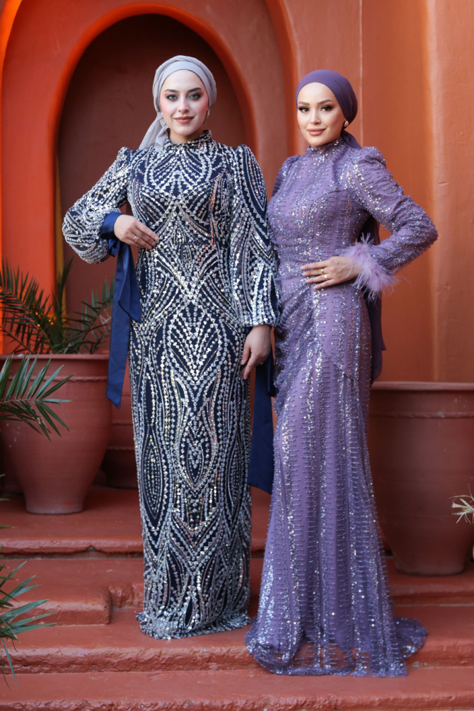 Tesettürlü Abiye Elbise - Boncuk İşlemeli Lacivert Tesettür Abiye Elbise 52554L - 3