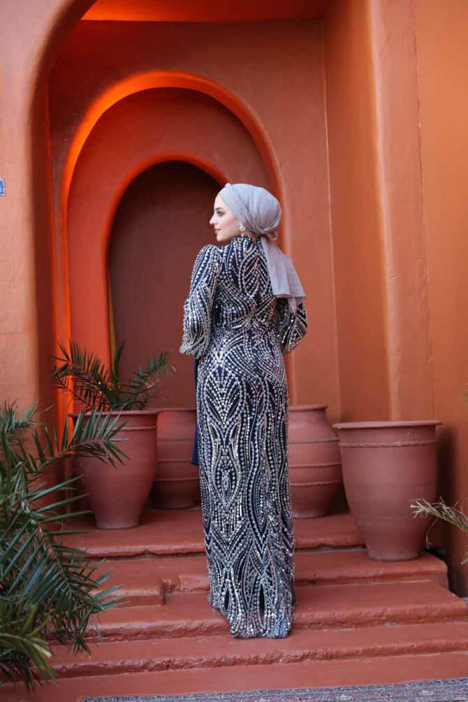 Tesettürlü Abiye Elbise - Boncuk İşlemeli Lacivert Tesettür Abiye Elbise 52554L - 5