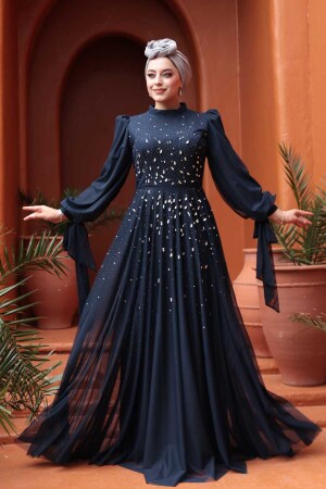 Tesettürlü Abiye Elbise - Boncuk İşlemeli Lacivert Tesettür Abiye Elbise 5283L - N.S NEVA STYLE
