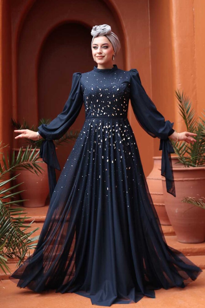 Tesettürlü Abiye Elbise - Boncuk İşlemeli Lacivert Tesettür Abiye Elbise 5283L - N.S NEVA STYLE