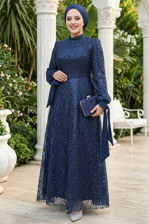 Tesettürlü Abiye Elbise - Boncuk İşlemeli Lacivert Tesettür Abiye Elbise 53171L 