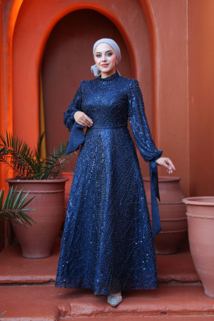 Tesettürlü Abiye Elbise - Boncuk İşlemeli Lacivert Tesettür Abiye Elbise 53171L 