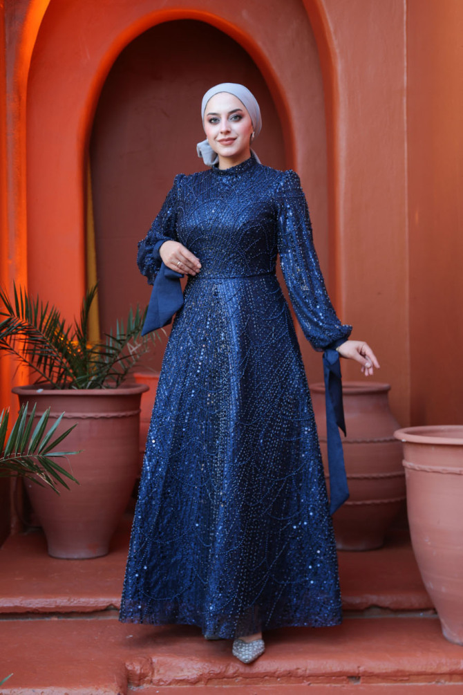 Tesettürlü Abiye Elbise - Boncuk İşlemeli Lacivert Tesettür Abiye Elbise 53171L - N.S NEVA STYLE