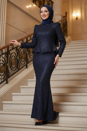 Tesettürlü Abiye Elbise - Boncuk İşlemeli Lacivert Tesettür Abiye Elbise 54761L - N.S NEVA STYLE