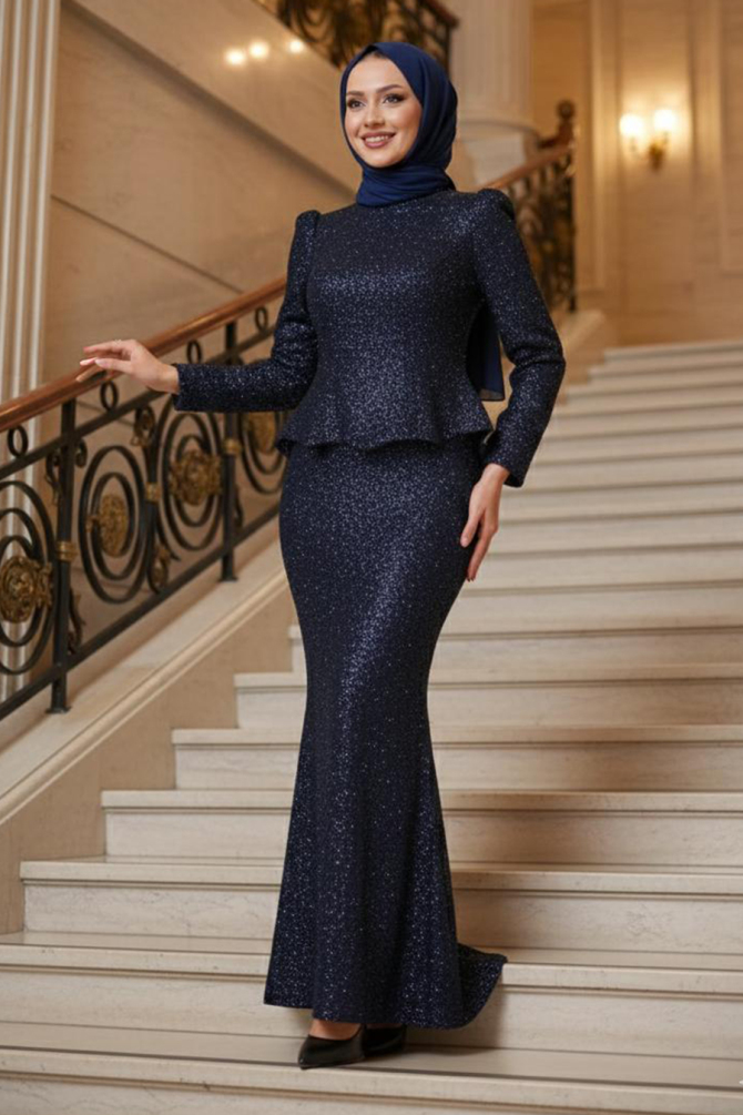 Tesettürlü Abiye Elbise - Boncuk İşlemeli Lacivert Tesettür Abiye Elbise 54761L - 1