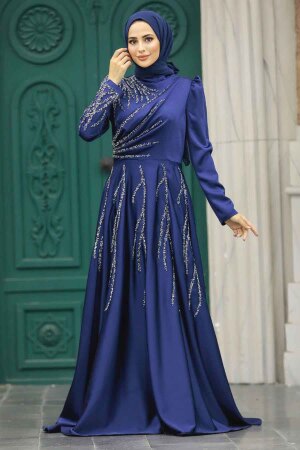 Tesettürlü Abiye Elbise - Boncuk İşlemeli Lacivert Tesettür Saten Abiye Elbise 3984L - 1