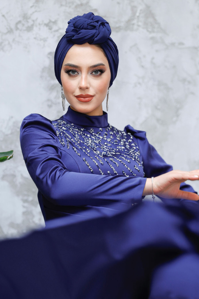Tesettürlü Abiye Elbise - Boncuk İşlemeli Lacivert Tesettür Saten Abiye Elbise 47112L - 5
