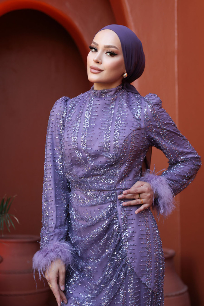 Tesettürlü Abiye Elbise - Boncuk İşlemeli Lila Tesettür Abiye Elbise 50861LILA - 5