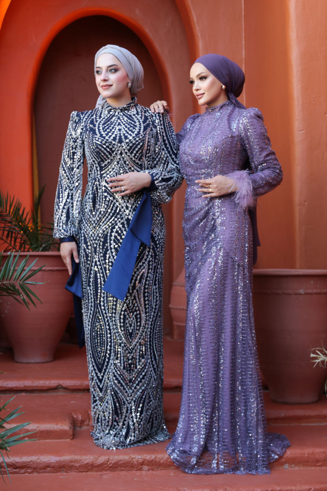 Tesettürlü Abiye Elbise - Boncuk İşlemeli Lila Tesettür Abiye Elbise 50861LILA - 7