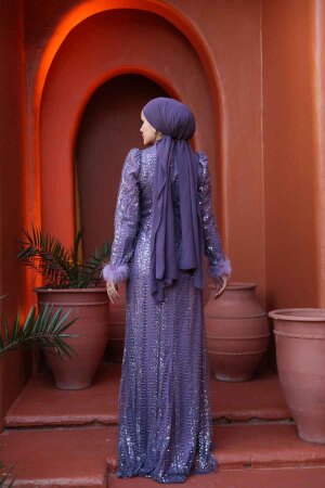 Tesettürlü Abiye Elbise - Boncuk İşlemeli Lila Tesettür Abiye Elbise 50861LILA - 8