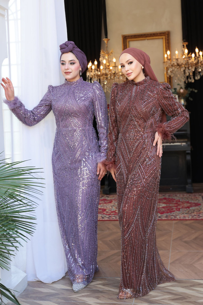 Tesettürlü Abiye Elbise - Boncuk İşlemeli Lila Tesettür Abiye Elbise 51351LILA - 5