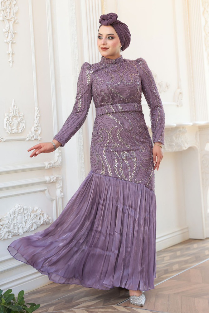 Tesettürlü Abiye Elbise - Boncuk İşlemeli Lila Tesettür Abiye Elbise 51621LILA - N.S NEVA STYLE