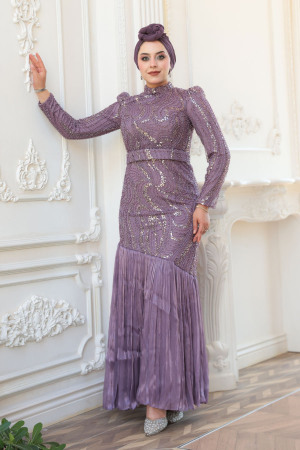 Tesettürlü Abiye Elbise - Boncuk İşlemeli Lila Tesettür Abiye Elbise 51621LILA - 2