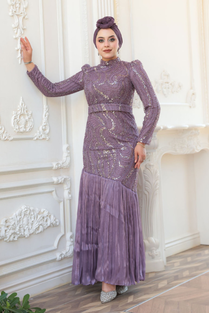 Tesettürlü Abiye Elbise - Boncuk İşlemeli Lila Tesettür Abiye Elbise 51621LILA - 2