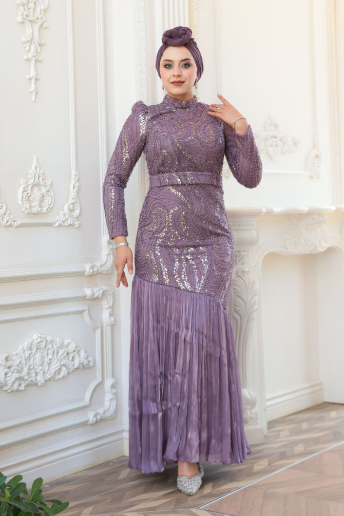 Tesettürlü Abiye Elbise - Boncuk İşlemeli Lila Tesettür Abiye Elbise 51621LILA - 3