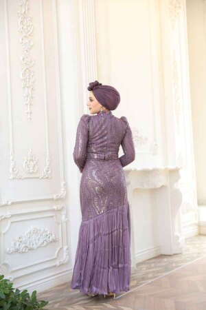 Tesettürlü Abiye Elbise - Boncuk İşlemeli Lila Tesettür Abiye Elbise 51621LILA - 4