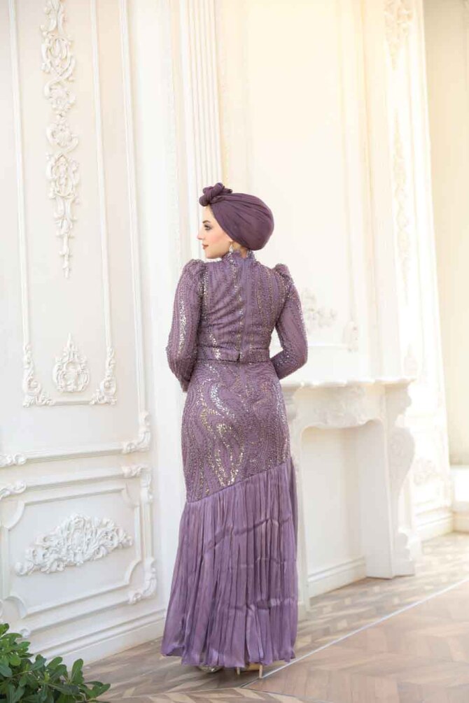 Tesettürlü Abiye Elbise - Boncuk İşlemeli Lila Tesettür Abiye Elbise 51621LILA - 4