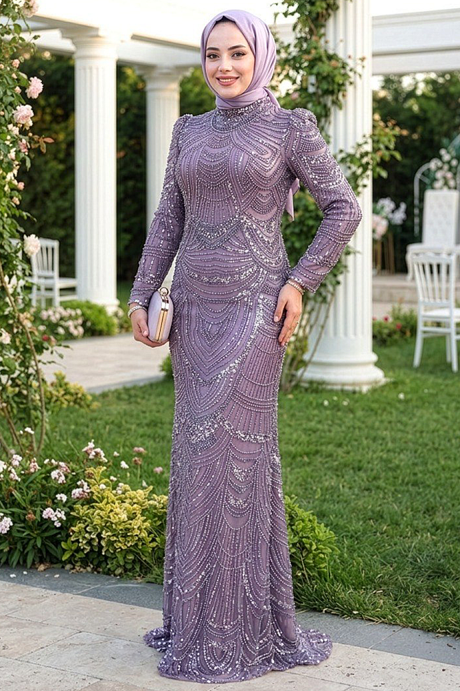 Tesettürlü Abiye Elbise - Boncuk İşlemeli Lila Tesettür Abiye Elbise 51636LILA - 1