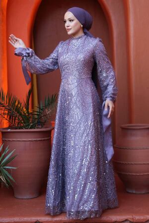 Tesettürlü Abiye Elbise - Boncuk İşlemeli Lila Tesettür Abiye Elbise 53171LILA - 3