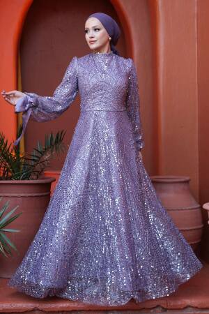 Tesettürlü Abiye Elbise - Boncuk İşlemeli Lila Tesettür Abiye Elbise 53171LILA - 1