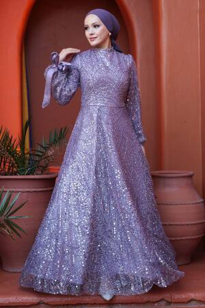 Tesettürlü Abiye Elbise - Boncuk İşlemeli Lila Tesettür Abiye Elbise 53171LILA - 2