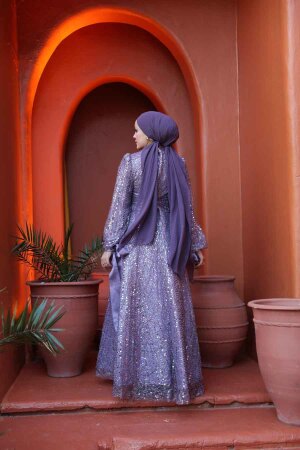 Tesettürlü Abiye Elbise - Boncuk İşlemeli Lila Tesettür Abiye Elbise 53171LILA - 4