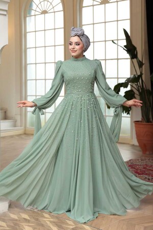 Tesettürlü Abiye Elbise - Boncuk İşlemeli Mint Tesettür Abiye Elbise 5283MINT - N.S NEVA STYLE