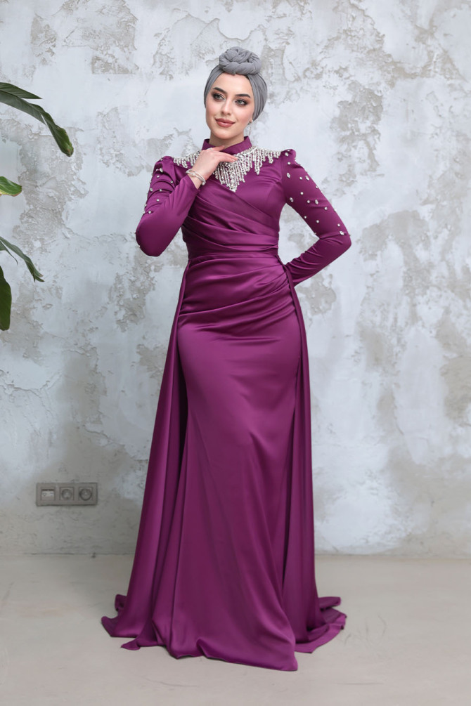 Tesettürlü Abiye Elbise - Boncuk İşlemeli Mürdüm Tesettür Saten Abiye Elbise 51312MU - 3