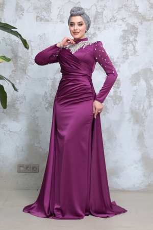 Tesettürlü Abiye Elbise - Boncuk İşlemeli Mürdüm Tesettür Saten Abiye Elbise 51312MU 