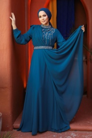 Tesettürlü Abiye Elbise - Boncuk İşlemeli Petrol Mavisi Tesettür Abiye Elbise 25885PM - Thumbnail