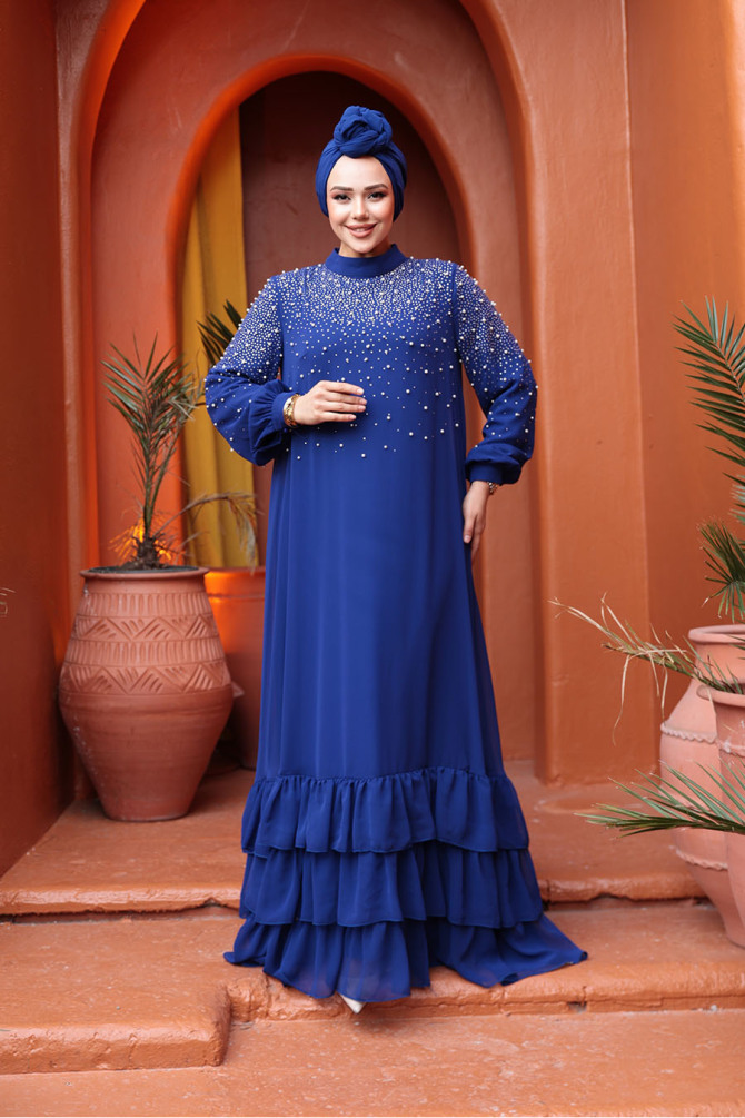 Tesettürlü Abiye Elbise - Boncuk İşlemeli Sax Mavisi Tesettür Abiye Elbise 25906SX - TESETTÜRLÜ ABİYE ELBİSELER