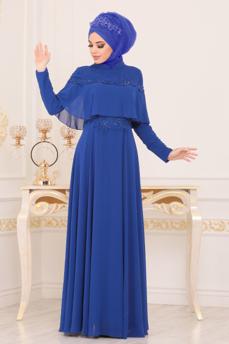 Tesettürlü Abiye Elbise - Boncuk İşlemeli Sax Mavisi Tesettür Abiye Elbise 36640SX