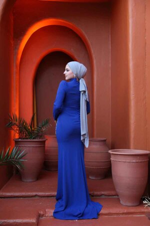 Tesettürlü Abiye Elbise - Boncuk İşlemeli Sax Mavisi Tesettür Abiye Elbise 4964SX - 4