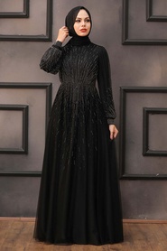 Tesettürlü Abiye Elbise - Boncuk İşlemeli Siyah Tesettür Abiye Elbise 22021S - Thumbnail