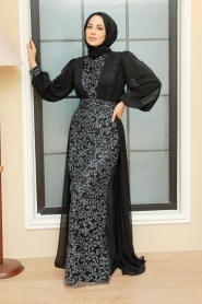 Tesettürlü Abiye Elbise - Boncuk İşlemeli Siyah Tesettür Abiye Elbise 22071S - Thumbnail