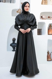 Tesettürlü Abiye Elbise - Boncuk İşlemeli Siyah Tesettür Abiye Elbise 22451S - Thumbnail