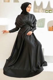Tesettürlü Abiye Elbise - Boncuk İşlemeli Siyah Tesettür Abiye Elbise 22451S - Thumbnail
