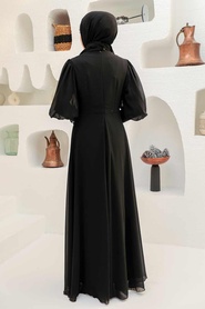 Tesettürlü Abiye Elbise - Boncuk İşlemeli Siyah Tesettür Abiye Elbise 25817S - Thumbnail