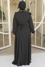 Tesettürlü Abiye Elbise - Boncuk İşlemeli Siyah Tesettür Abiye Elbise 25885S - Thumbnail