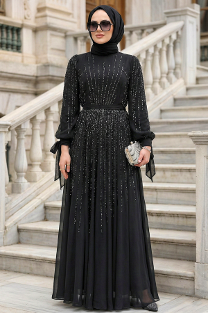 Tesettürlü Abiye Elbise - Boncuk İşlemeli Siyah Tesettür Abiye Elbise 25913S - N.S NEVA STYLE