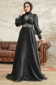 Tesettürlü Abiye Elbise - Boncuk İşlemeli Siyah Tesettür Abiye Elbise 3753S - Thumbnail