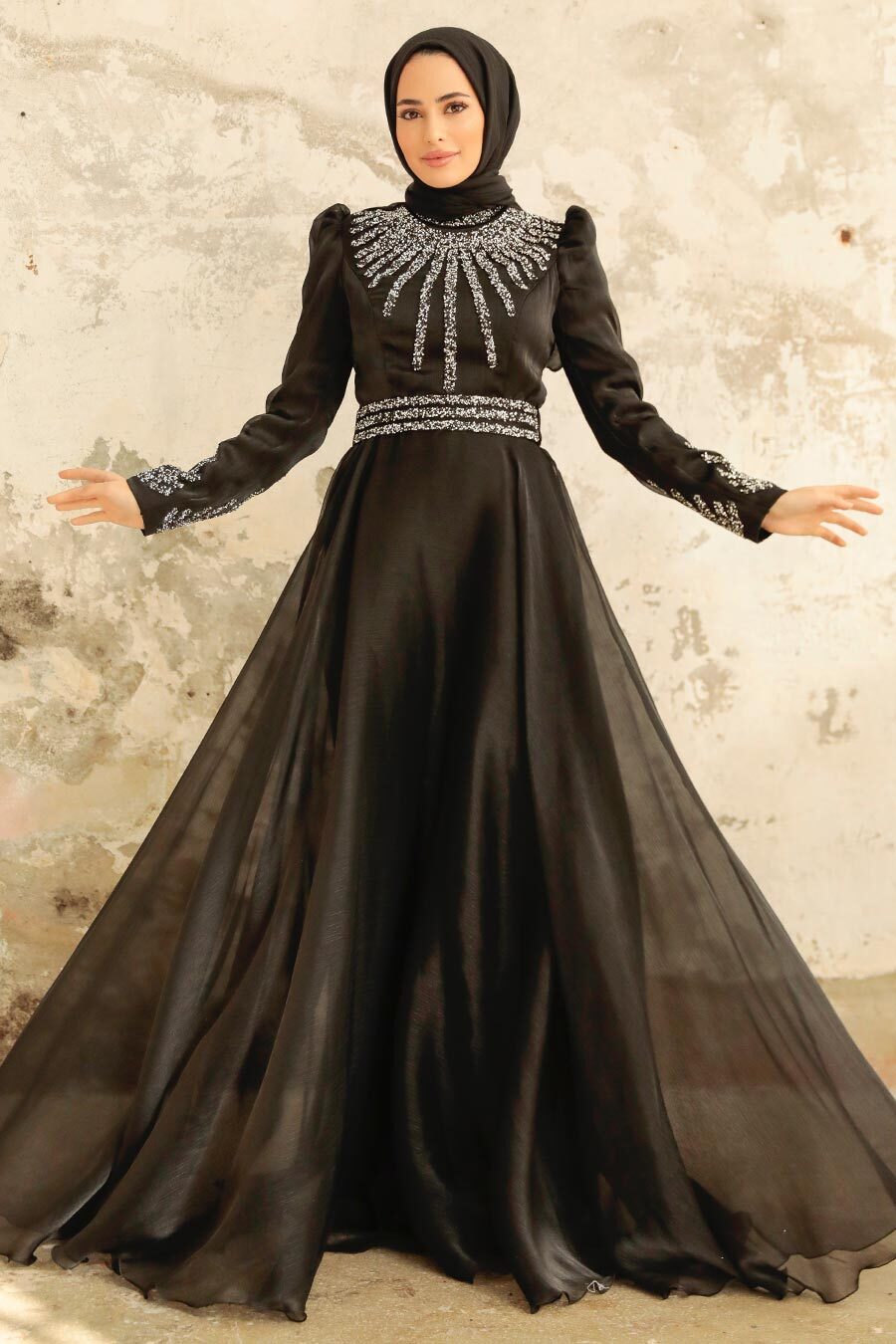 Tesettürlü Abiye Elbise - Boncuk İşlemeli Siyah Tesettür Abiye Elbise 3774S