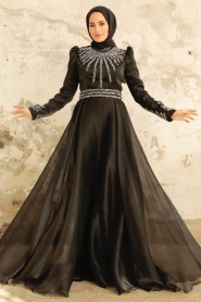 Tesettürlü Abiye Elbise - Boncuk İşlemeli Siyah Tesettür Abiye Elbise 3774S - Thumbnail