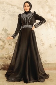Tesettürlü Abiye Elbise - Boncuk İşlemeli Siyah Tesettür Abiye Elbise 3774S - Thumbnail