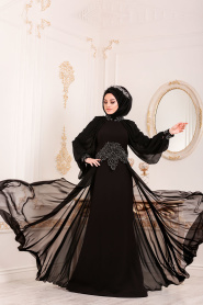 Tesettürlü Abiye Elbise - Boncuk İşlemeli Siyah Tesettür Abiye Elbise 46230S - Thumbnail