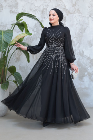 Tesettürlü Abiye Elbise - Boncuk İşlemeli Siyah Tesettür Abiye Elbise 4953S - 2