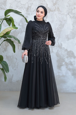 Tesettürlü Abiye Elbise - Boncuk İşlemeli Siyah Tesettür Abiye Elbise 4953S - 3